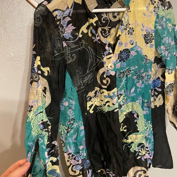 Citron Santa Monica cotton silk blend dragons print button down blouse - Picture 5 of 6